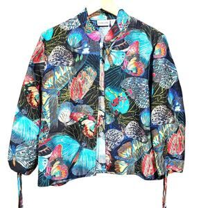 Vintage Chico's silk butterfly print open front blouse w tie accent sleeves sz M